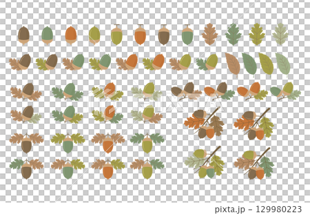 シンプルなどんぐりの枝と葉っぱの秋イラストセット シンプルなどんぐりの枝と葉っぱの秋イラストセット 129980223
