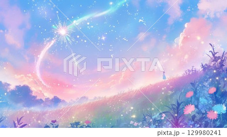 広い空に舞う流れ星と丘の上の少女 広い空に舞う流れ星と丘の上の少女 129980241