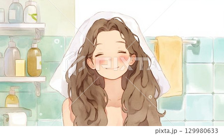 お風呂上がりに微笑む女性のイラスト 129980633
