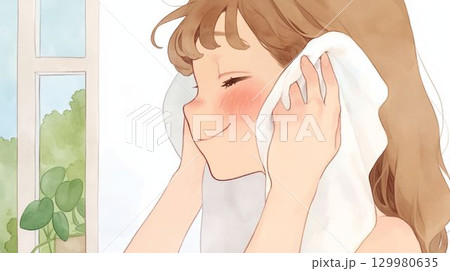 タオルで髪を拭く女性のやさしいイラスト 129980635