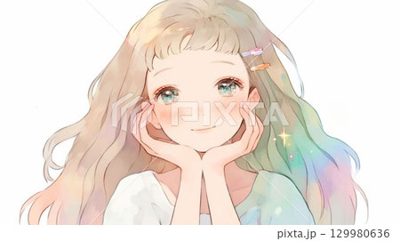 キラキラした瞳の女の子のかわいいイラスト 129980636