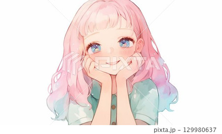 ピンクヘアのキラキラした瞳の女の子のかわいいイラスト 129980637