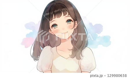 やさしく微笑む黒髪の女の子のイラスト 129980638