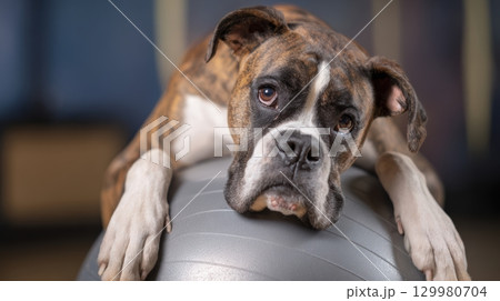 Brindle Boxer mastering balance on stability ball during canine fitness session at dog gym 129980704