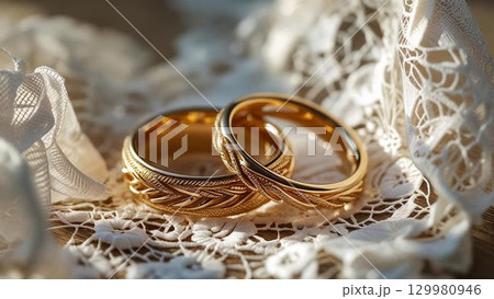 白いレースの上に並んだ金の結婚指輪のクローズアップ 129980946