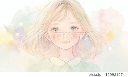 やさしい瞳の女の子の透明感ある水彩イラスト 129981074