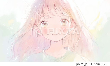 ピンク髪の女の子のやさしい微笑みイラスト 129981075