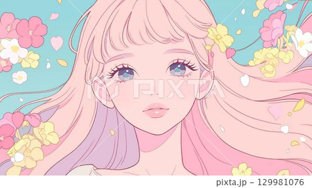 花に囲まれた女の子のイラスト 129981076