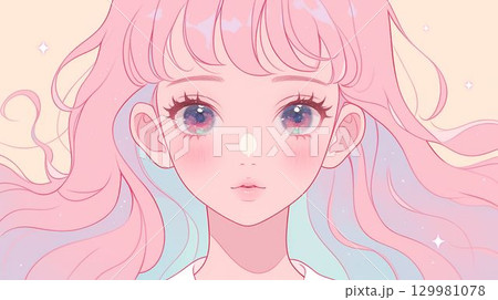 ピンク髪の少女ときらめく瞳のイラスト 129981078