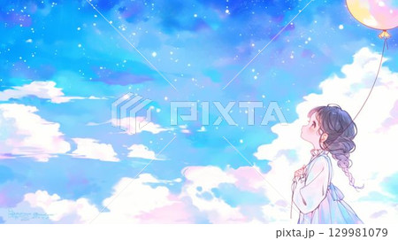 風船を持つ少女と青空の幻想イラスト 129981079