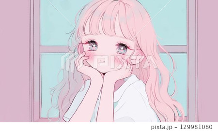 窓辺で頬杖をつくピンク髪の女の子イラスト 129981080
