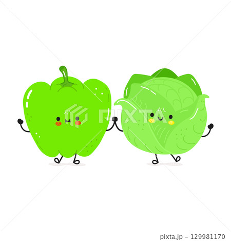 A cute green pepper and cabbage smiling and holding hands, full of joy. 129981170