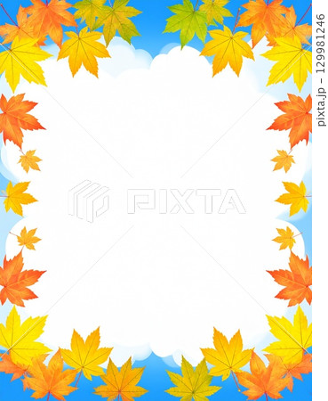 紅葉とどんぐりが賑やかな雰囲気の爽やかな青空背景の秋のフレーム 129981246