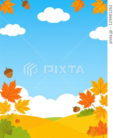 紅葉とどんぐりが賑やかな雰囲気の爽やかな青空背景の秋のフレーム 129981262