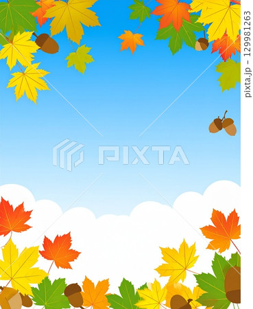 紅葉とどんぐりが賑やかな雰囲気の爽やかな青空背景の秋のフレーム 129981263