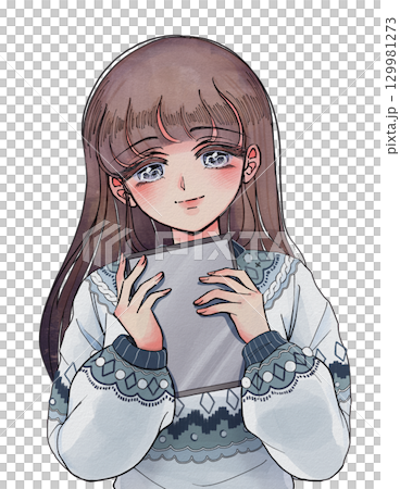 手持平板電腦的昭和復古風格美少女半身照 手持平板電腦的昭和復古風格美少女半身照 129981273