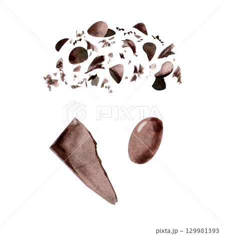 Dark or milk chocolate chips shavings broken piece, ice cream topping, dragee bonbon candy. Isolated illustration hand drawn in watercolor. Dessert label, frozen snack topping decor, cafe signage. 129981393