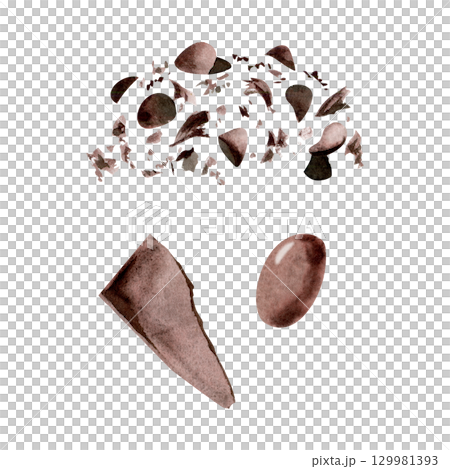 Dark or milk chocolate chips shavings broken piece, ice cream topping, dragee bonbon candy. Isolated illustration hand drawn in watercolor. Dessert label, frozen snack topping decor, cafe signage. 129981393