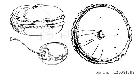 Macaron cookies with mousse centers, marzipan pastry, and ripe cherries in vector ink. Isolated hand drawn illustration. Food packaging, cafe menu layouts, social media graphics, dessert recipe cards. Macaron cookies with mousse centers, marzipan pastry, and ripe cherries in vector ink. Isolated hand drawn illustration. Food packaging, cafe menu layouts, social media graphics, dessert recipe cards. 129981398
