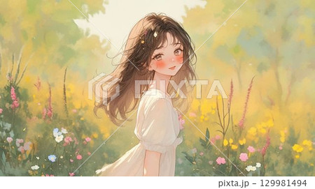 花畑で振り返るやさしい笑顔の少女イラスト 129981494
