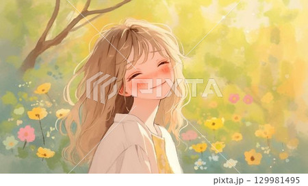 花と笑顔の少女のやさしいイラスト 129981495