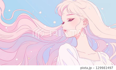 風になびく髪の横顔が美しい少女のイラスト 129981497