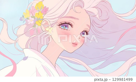 花飾りと輝く瞳の少女の幻想イラスト 129981499