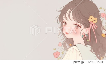花飾りをつけた可憐な横顔の少女イラスト 129981501