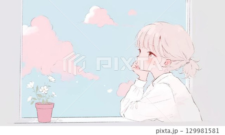 窓辺で空を見つめる少女のやさしいイラスト 129981581