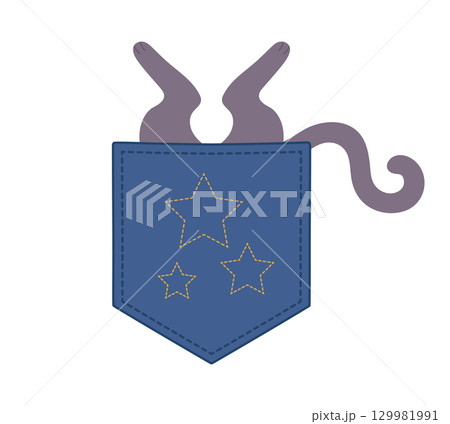 Cute hand drawn cat sitting in a pocket upside down. Pocket kitten. Vector illustration 129981991