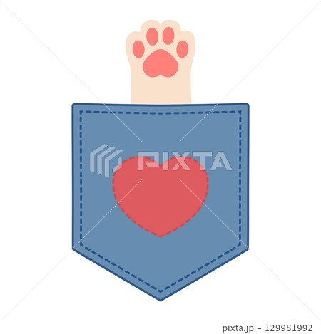 Cute cat paw sticking out of a pocket. Kitten paw in a jeans pocket decorated with a heart. Vector illustration 129981992