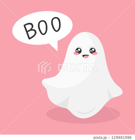 Cute ghost in sheet saying boo. Halloween greetings. Vector illustration 129981996