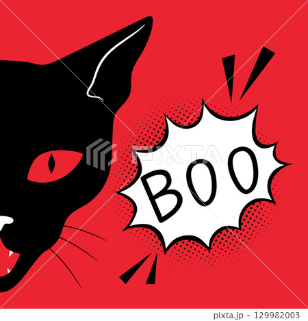 Black cat is peeking out of the corner and saying Boo. Scary black cat with a speech bubble on red background. Vector illustration 129982003
