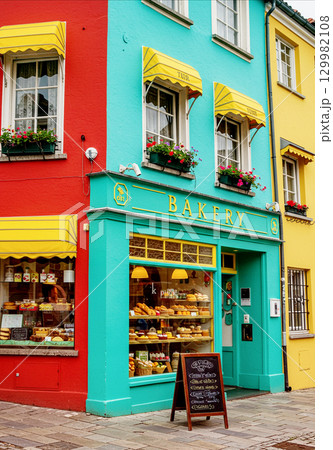 カラフルな街角に佇むパン屋と華やかな建物の風景 129982108
