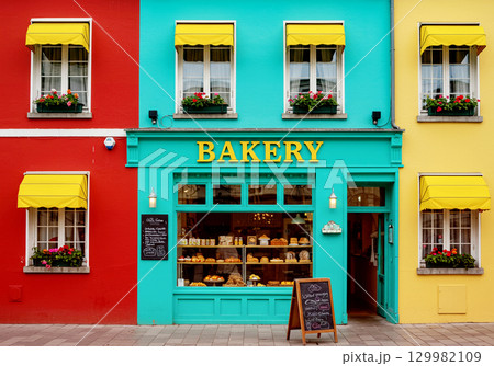 カラフルな街角に佇むパン屋と華やかな建物の風景 129982109