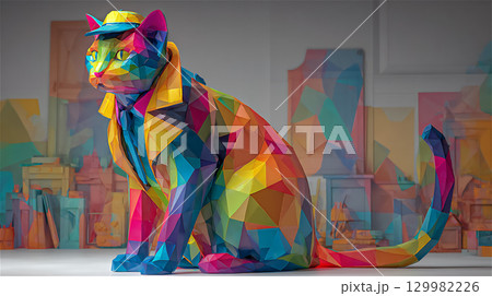 カラフルなポリゴンスタイルの猫の彫刻 129982226