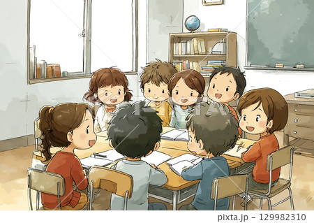 子どもたちがグループで話し合いをしている授業のイラスト素材 [129982310] - PIXTA