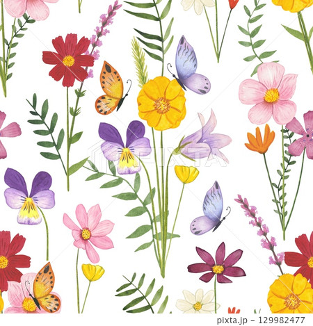 Floral seamless pattern with meadow flowers on a white background, watercolor Floral seamless pattern with meadow flowers on a white background, watercolor 129982477