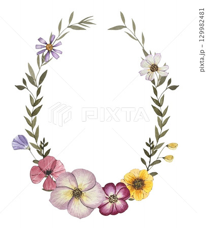 Floral wreath with dark green leaves and dried pressed flowers. Watercolor Floral wreath with dark green leaves and dried pressed flowers. Watercolor 129982481
