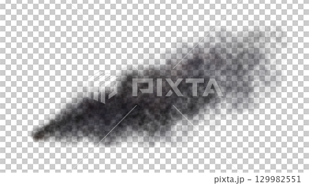 Thick black exhaust smoke cloud trail isolated from aircraft or vehicle with combustion engine 129982551