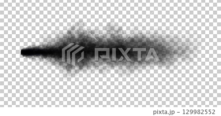 Thick black exhaust smoke cloud trail isolated from aircraft or vehicle with combustion engine 129982552