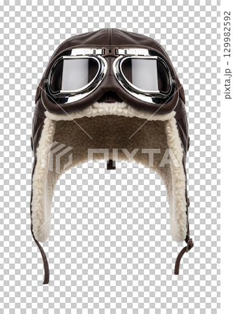 Vintage brown leather aviator hat with sheepskin lining and pilot goggles for retro style 129982592