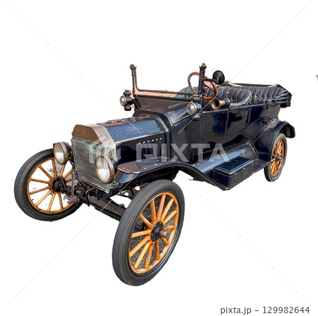 Classic Vintage Ford Model T Car with a White Background 129982644