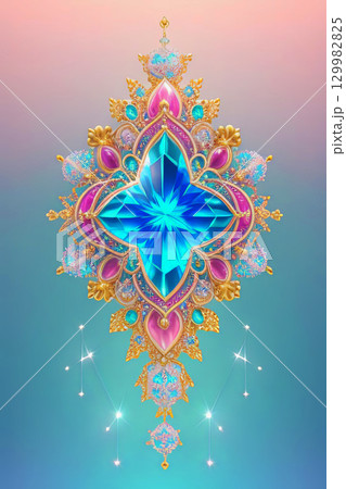 golden artwork with shiny sparkling design, blue gem at its center surrounded with pink gemstones 129982825
