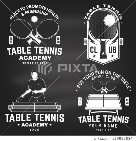 Table tennis and ping pong sport club badge, emblem with table players silhouette on the chalkboard. Vector. For table tennis logotype templates and badges. Active sports Table tennis and ping pong sport club badge, emblem with table players silhouette on the chalkboard. Vector. For table tennis logotype templates and badges. Active sports 129982854