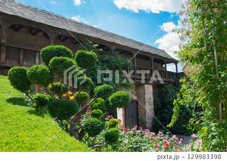 Beautiful green garden with trees; flowers and full summer bloom. Wood old gate and stone wall around the garden. 129983398