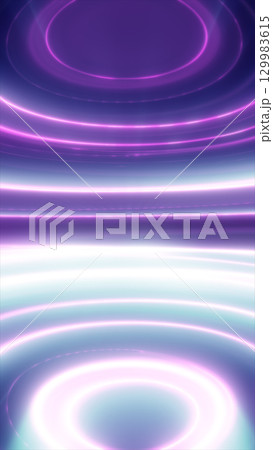 Abstract glowing purple and white concentric light rings creating futuristic wave patterns and reflections 129983615