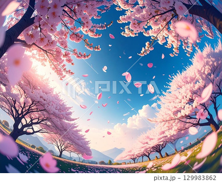 桜の花びらが舞う春の空が幻想的な光に包まれたアニメ風の風景 129983862