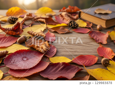 A cozy autumn composition with colorful leaves, cones and an old book. A cozy autumn composition with colorful leaves, cones and an old book. 129983878
