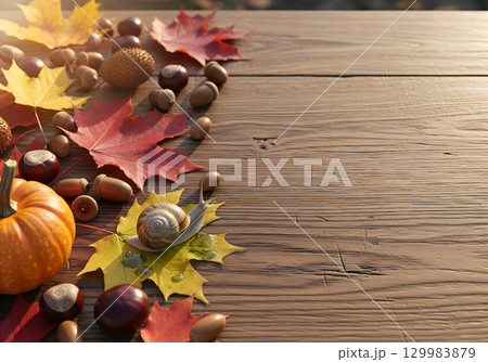 A cozy autumn composition with pumpkin, leaves, chestnuts and a snail on a wooden background. 129983879